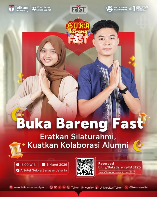 HEI TelUtizen! 🌙

Dalam semangat Ramadan, mari kita pererat kembali silaturahmi dan memperkuat kolaborasi alumni melalui Buka Bareng FAST 2026

🗓 Jumat, 6 Maret 2026
⏰ Open Gate 16.00 WIB
📍 Artotel Gelora Senayan, Jakarta

Kuota terbatas ya, jadi jangan sampai ketinggalan!
Sampai ketemu dan mari rayakan kebersamaan di bulan penuh berkah 🌙

#TelkomUniversity #KampusSwastaTerbaik #ContributeToTheWorld #KampusBerdampak