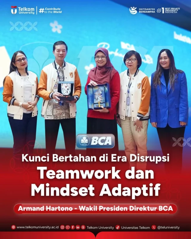 HEI TelUtizen!
Di tengah dunia yang terus berubah cepat, kemampuan bertahan dan beradaptasi menjadi bekal penting bagi generasi muda. 🌍✨

Hal tersebut disampaikan Armand Hartono dalam kuliah umum bertajuk Survival Leadership melalui program BCA Berbagi Ilmu di Telkom University.

Dalam sesi ini, mahasiswa diajak memahami bahwa tantangan, krisis, hingga perkembangan teknologi seperti AI bukan sesuatu yang perlu ditakuti, melainkan dihadapi dengan pola pikir adaptif, teamwork yang kuat, dan rasa percaya satu sama lain. 🤝

“Tidak ada yang bisa sukses sendirian. Kita membutuhkan teamwork dan kepercayaan.” Armand Hartono

Melalui kegiatan ini, mahasiswa tidak hanya memperoleh wawasan industri secara langsung, tetapi juga pembelajaran penting mengenai kepemimpinan, ketangguhan, dan kesiapan menghadapi era disrupsi global. 🚀

#TelkomUniversity #KampusSwastaTerbaik #ContributeToTheWorld #KampusBerdampak