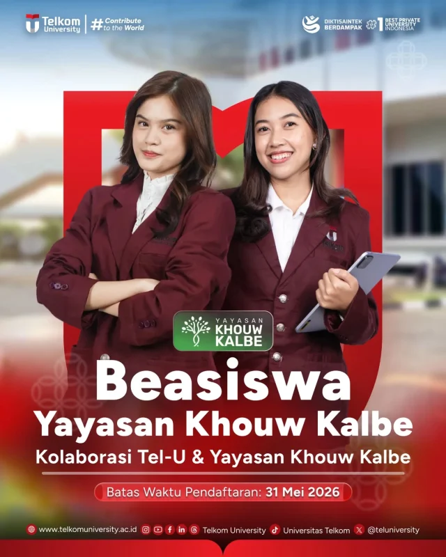 HEI TelUtizen!
✨ Saatnya perempuan hebat mengambil langkah lebih besar untuk masa depan! ✨

Buat kamu yang ingin terus bertumbuh, berkarya, dan memberikan dampak positif bagi sekitar 💚
Beasiswa Mitra YKK x Tel-U hadir sebagai bentuk dukungan bagi perempuan untuk berkembang di bidang STEM, Kesehatan, dan Bisnis 🚀📚

Program kolaborasi antara Yayasan Khouw Kalbe (YKK) dan Telkom University ini membuka kesempatan bagi generasi perempuan inspiratif untuk belajar, berdaya, dan siap menghadapi dunia profesional.

⏳ Pendaftaran ditutup 31 Mei 2026 ⌛️

Jangan sampai terlewat!
Yuk, ambil kesempatan ini dan jadi bagian dari perempuan yang membawa perubahan 👋🏻💚

#TelkomUniversity #KampusSwastaTerbaik #ContributeToTheWorld #KampusBerdampak