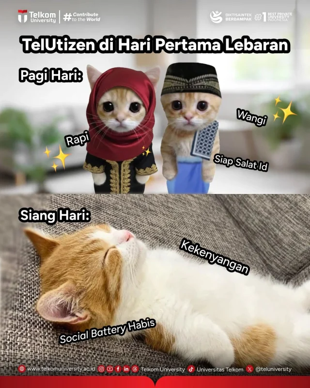 HEI TelUtizen! 👋
Pagi: rapi, wangi, siap silaturahmi ✨
Siang: kenyang, social battery langsung drop 😴

Siapa yang relate? 😂👇

#TelkomUniverstiy #KampusSwastaTerbaik #ContributetoTheWorld #KampusBerdampak