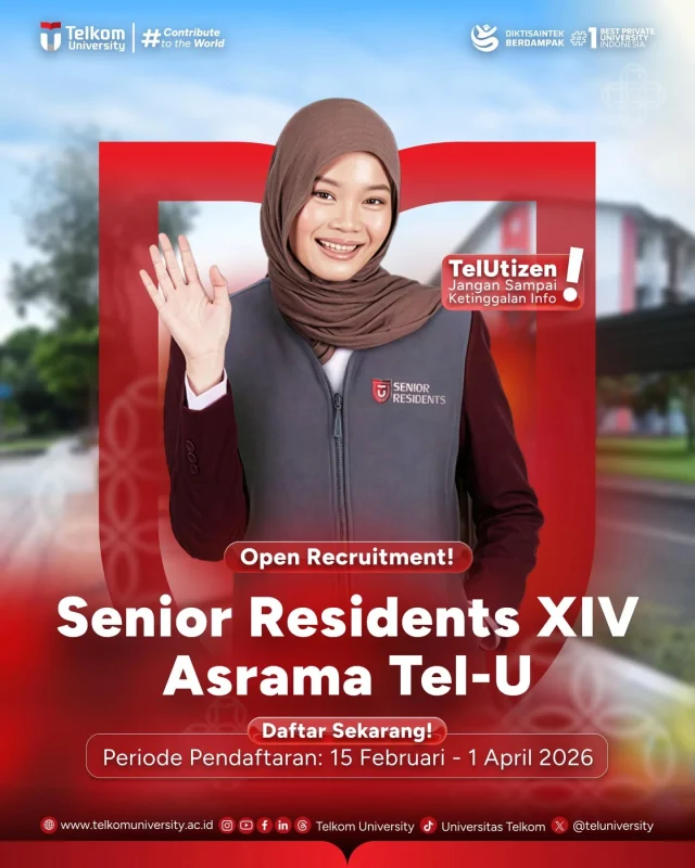HEI TelUtizen! 👋
🏠✨ OPEN RECRUITMENT SENIOR RESIDENTS XIV ✨🏠

Menjadi Senior Residents (SR) bukan hanya soal fasilitas tinggal gratis. Ini tentang belajar memimpin, mengasah tanggung jawab, dan memberi dampak nyata bagi lingkungan kampus. 🌱

🎯 Benefit yang bisa kamu dapatkan:
✔ Surat Tugas 1 Tahun (TAK)
✔ Tinggal gratis di asrama selama 1 tahun
✔ Pelatihan dan pembinaan pengembangan diri
✔ Kesempatan konversi kurikulum ke SKS MBKM
✔ Relasi luas & pengalaman yang berharga

📌 Pastikan kamu memenuhi seluruh persyaratan dan melengkapi dokumen yang dibutuhkan ya!

🔗 Informasi lengkap & pendaftaran:
linktr.ee/infosr14

💼 Siapkan dirimu, lengkapi berkasmu, dan ambil kesempatan ini.
Kami tunggu kamu sebagai Senior Residents XIV!

#TelkomUniversity #KampusSwastaTerbaik #ContributeToTheWorld #KampusBerdampak