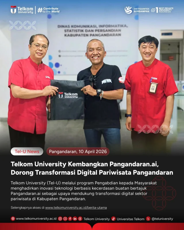 HEI TelUtizen! 👋✨

Telkom University kembali menghadirkan inovasi! 🚀
Melalui program Pengabdian kepada Masyarakat, Tel-U mengembangkan Pangandaran.ai, platform berbasis kecerdasan buatan yang siap mendorong transformasi digital pariwisata di Kabupaten Pangandaran 🌊🌴

Lewat Pangandaran.ai, wisatawan bisa dengan mudah mengakses berbagai informasi—mulai dari destinasi unggulan, rekomendasi perjalanan, hingga potensi lokal yang menarik untuk dieksplorasi 🤖✨

Inovasi ini merupakan hasil kolaborasi Tel-U bersama Diskominfo Pangandaran sebagai langkah nyata menghadirkan solusi teknologi yang aplikatif dan berdampak langsung bagi masyarakat.

Bukti bahwa kolaborasi akademisi dan pemerintah daerah bisa jadi kunci untuk menciptakan pariwisata yang lebih maju, adaptif, dan melek teknologi 💡

#TelkomUniversity #KampusSwastaTerbaik #ContributeToTheWorld #KampusBerdampak