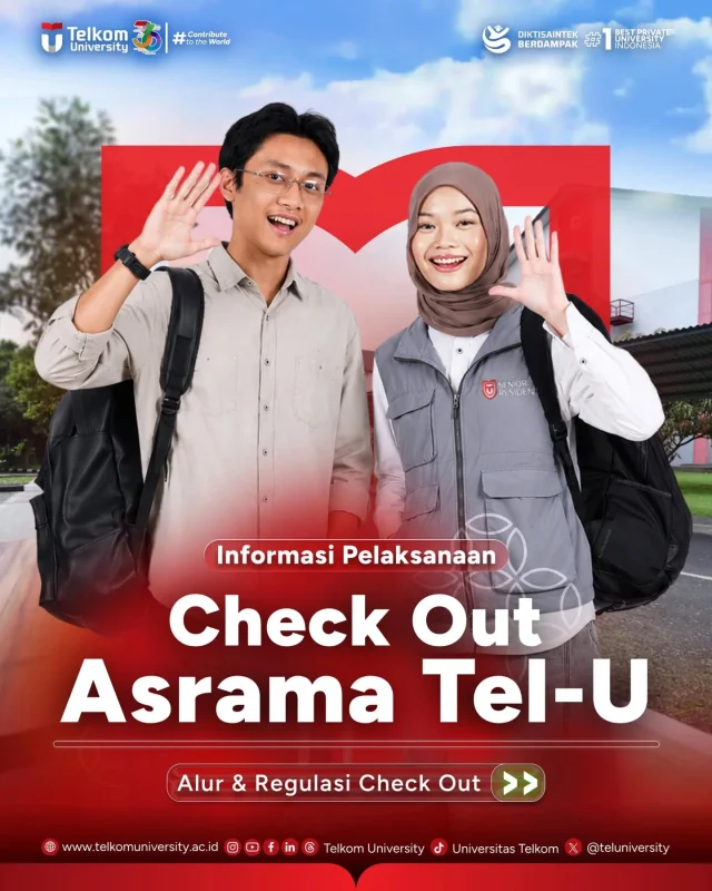 ๐ข HEI TelUtizen!Masa hunian Asrama Telkom University Bandung Tahun Akademik 2025/2026 akan segera berakhir. Bagi seluruh penghuni asrama, jangan lupa untuk mempersiapkan proses check out sesuai jadwal yang telah ditentukan ya! ๐๐๏ธ Periode Check Out
5 โ 30 Juli 2026๐ Timeline Pelaksanaan
๐ 11 โ 26 Juni 2026
Pastikan kamu sudah mengisi formulir check out asrama melalui tautan yang telah disediakan.๐ 5 โ 30 Juli 2026
Pelaksanaan check out asrama dengan pilihan sesi:
๐ Sesi 1: 08.00 โ 12.00 WIB
๐ Sesi 2: 13.00 โ 17.00 WIBYuk, lakukan proses check out tepat waktu agar semuanya berjalan lancar. Terima kasih atas kerja sama dan kedisiplinannyaTelUtizen! ๐#TelkomUniversity #KampusSwastaTerbaik #ContributetoTheWorld #KampusBerdampak