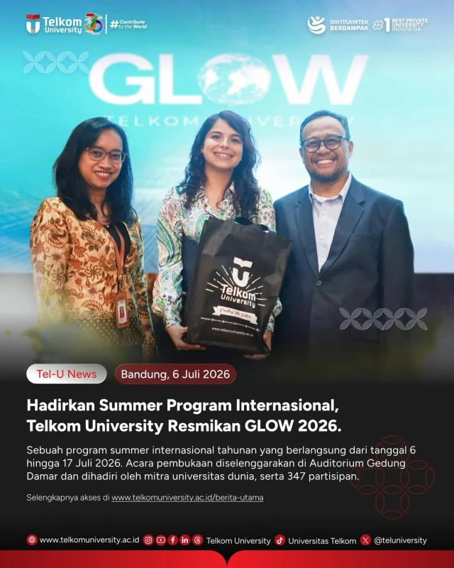 ๐ HEI TelUtizen!Telkom University resmi membuka Global Learning Week (GLOW) Summer Program 2026, program summer internasional yang diselenggarakan pada 6โ17 Juli 2026. Bertempat di Auditorium Gedung Damar, pembukaan GLOW 2026 dihadiri oleh mitra universitas dari berbagai negara serta 347 peserta yang siap mengikuti pengalaman belajar bertaraf global.Dalam sambutannya, Wakil Rektor Bidang Akademik dan Perencanaan Strategis Telkom University, Parman Sukarno, Ph.D., mengajak seluruh peserta untuk memanfaatkan kesempatan ini dengan aktif berdiskusi, berbagi gagasan, dan membangun jejaring lintas budaya sebagai bekal menghadapi tantangan global di masa depan.Melalui kolaborasi bersama berbagai perguruan tinggi dan institusi internasional, GLOW 2026 menjadi ruang untuk memperluas wawasan, memperkaya pengalaman akademik, serta mempererat kerja sama global. Program ini juga menegaskan komitmen Telkom University dalam menghadirkan pendidikan berstandar internasional yang mampu mencetak lulusan berdaya saing global dan siap memberikan kontribusi nyata bagi dunia.Mari bersama membangun koneksi, bertukar perspektif, dan menciptakan inovasi tanpa batas melalui GLOW Summer Program 2026! โจ๐#TelkomUniversity #KampusSwastaTerbaik #ContributeToTheWorld #KampusBerdampak